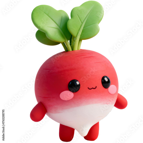 Cute 3D plush vegetable kawaii cut-out character. Funny radish with glossy eyes and smile. Cute garden mascot.