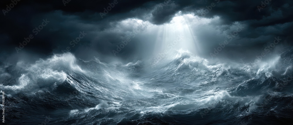 Fototapeta premium Dramatic Ocean Waves Crashing Under Dark Stormy Clouds with Sunlight Breaking Through High Angle Nature Photography
