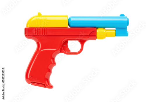 Isolated retro water pistol toy, colorful children's water blaster, fun summer outdoor game