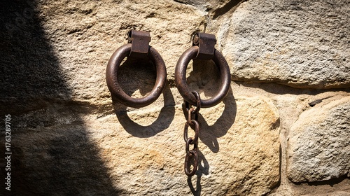 shackles. Ancient iron shackles locked on a stone wall with a hanging chain. event programs, museum guides, designed for cultural heritage projects and event programs, supports education.