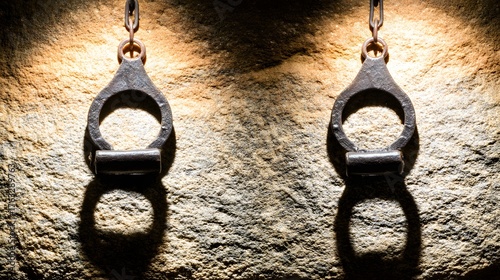 shackles. Ancient iron shackles locked on a stone wall with a hanging chain. event programs, museum guides, designed for cultural heritage projects and event programs, supports education.