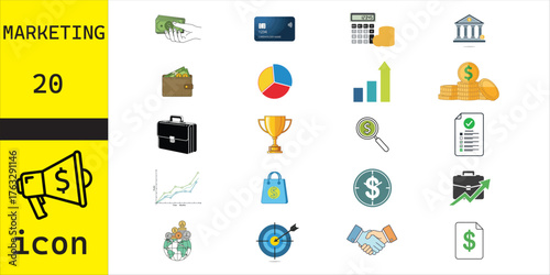 Collection of marketing and business icons representing finance growth strategy and success on a yellow background

