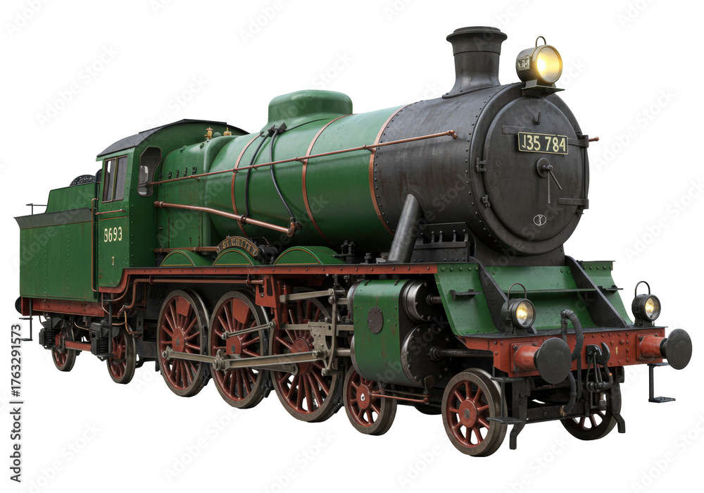 Naklejka premium Isolated Vintage Train Engine on No Background, Dark Green Railroad Locomotive, Old-fashioned