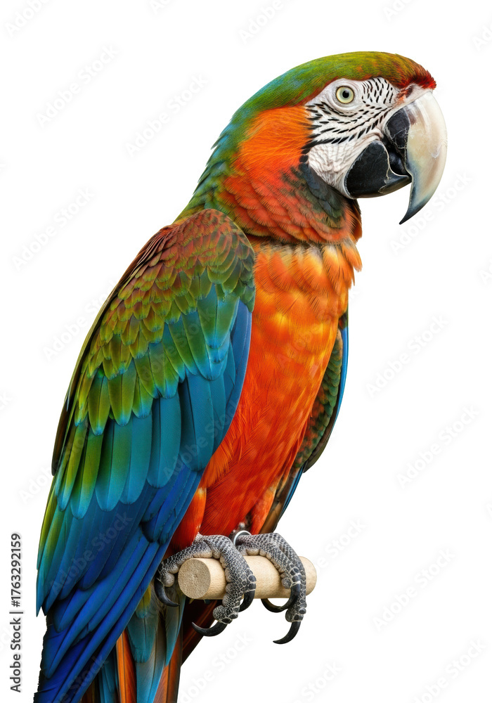 Fototapeta premium Adult Scarlet Macaw, vibrant sapphire blue, golden yellow, emerald green plumage, sharp dark eyes, black beak, perched, transparent studio background. Concept of exotic avian beauty