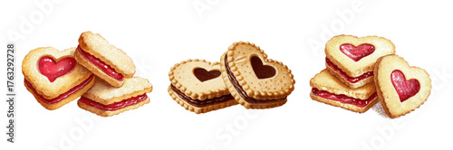 Set of romantic cookies with hearts. Shortbread cookies with chocolate and berry filling in the shape of a heart. Romantic sweets for Valentine's Day. Vector illustration.
