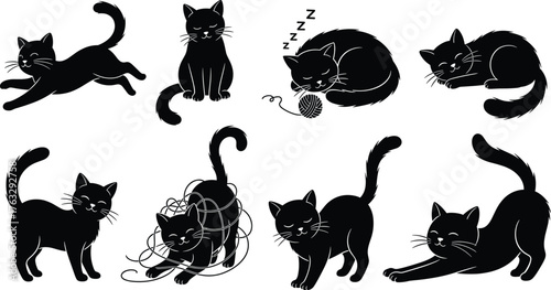 Cat silhouette illustration, playful and sleeping cats in various poses with yarn, feline behavior and movement, black and white flat vector design
