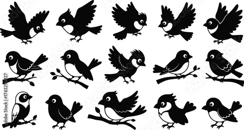 Bird silhouette illustration, perched and flying birds in various poses, wildlife animal shapes for design, black and white flat vector collection