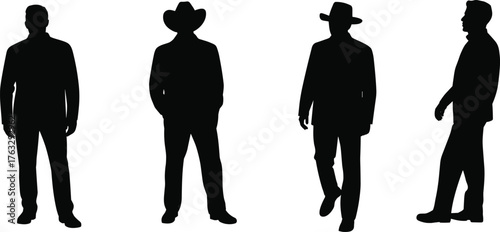 Men silhouettes illustration, standing male posture, cowboy hat figure, fedora style walking man, casual fashion vector, lifestyle design, body language concept