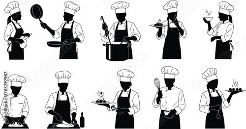 Chef silhouette illustration, cooking activities in kitchen, professional chefs preparing food, culinary skills and restaurant work, black and white flat vector design