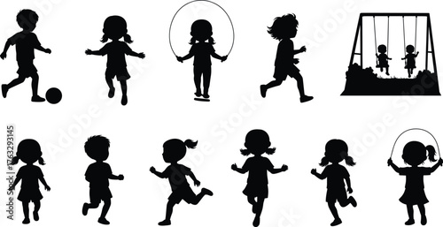 Flat vector, children silhouettes, outdoor activities, kids running, soccer play, jumping rope, swing set, childhood exercise, fitness concept, activity illustration
