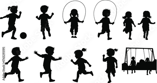Flat vector, children silhouettes, outdoor activities, kids running, jumping rope, ball play, swing set, childhood play, fitness concept, activity illustration