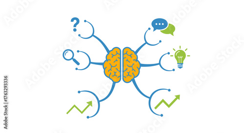 World Philosophy Day concept Visualizing analytical thinking, creative problem-solving, communication, and strategic growth emanating from a central brain icon