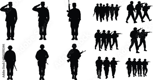 Flat vector, soldier silhouettes, army formations, military poses, rifle stance, marching troops, saluting soldiers, defense concept, combat training, tactical illustration