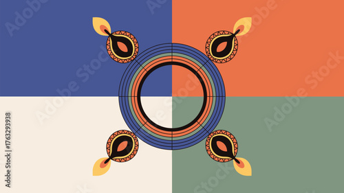 Illustrated shopping cart with a price tag and a star against a geometric background design style