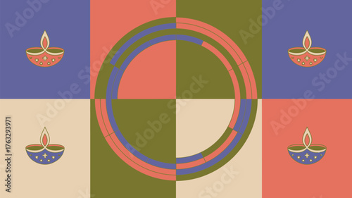 A shopping cart illustration on a checkered background with purple green and beige squares design