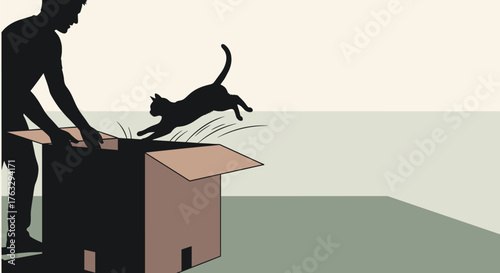  Silhouette of a cat leaping from a box while a man opens it in minimalist style with copy space