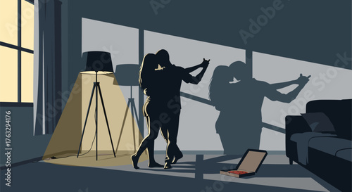  Silhouette of a couple dancing in a room with shadow projections on the wall in minimalist style with copy space