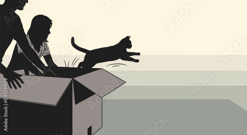 Silhouette of a cat jumping out of a box while a couple opens it in minimalist style with copy space