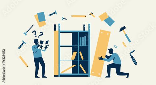 Couple struggling to assemble furniture with tools and instructions in cartoon illustration with copy space