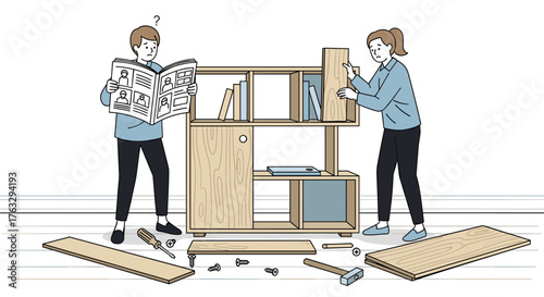 Confused couple assembling wooden bookshelf with instructions and tools in cartoon illustration for first apartment with copy space