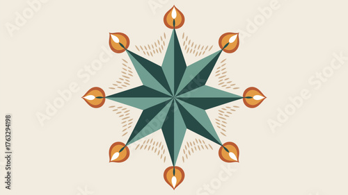 A shopping cart with flags on a checkered background in shades of green purple and beige colors