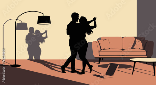  Silhouette of a couple dancing in a room with shadow projections on the wall in minimalist style with copy space