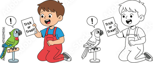 Boy Showing "Trick or Treat" Sign to Parrot - Fun Halloween Coloring Page