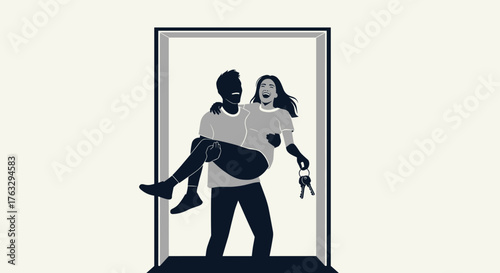 Silhouette of a couple  men holding a woman with keys in hand in minimalist flat illustration for first apartment with copy space