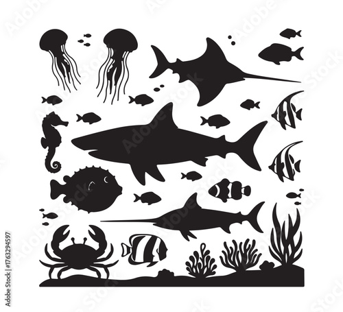 Marine Life Silhouette Ocean Ecosystem with Jellyfish, Sharks, Rays, and Colorful Fish Illustration