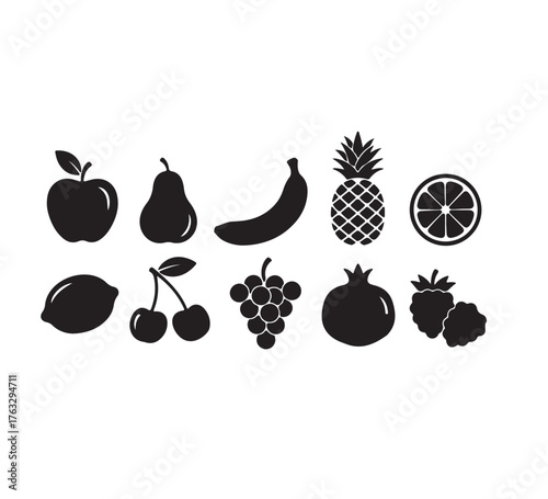 Assorted Fruit Collection Black Silhouette Icons Featuring Apple, Pear, Orange, and Tropical Fruits for a Fresh and Healthy Design