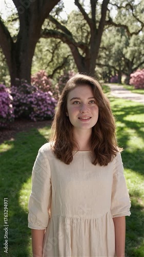 Jeune femme souriante dans un parc fleuri