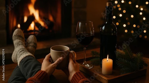 Cozy winter evening by the fireplace with wine, candlelight, and relaxed ambiance.