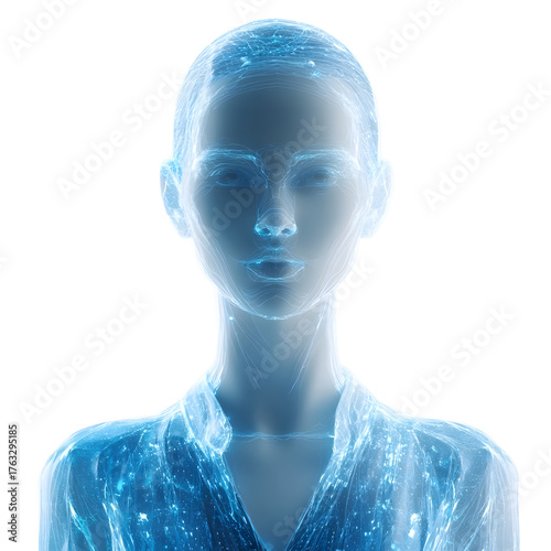 A luminous translucent blue digital avatar rendered as a futuristic hologram of a human head and shoulders isolated on a clean white background