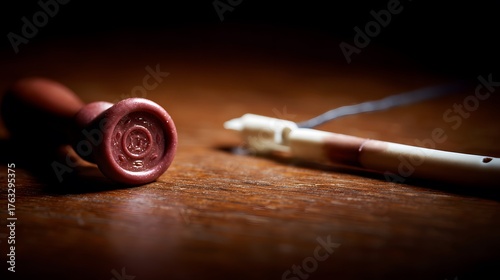 whistle. A broken wax seal and a single whistle on a wooden surface, dramatic lighting. event programs, museum guides, designed for cultural heritage projects and event programs, used by teachers.