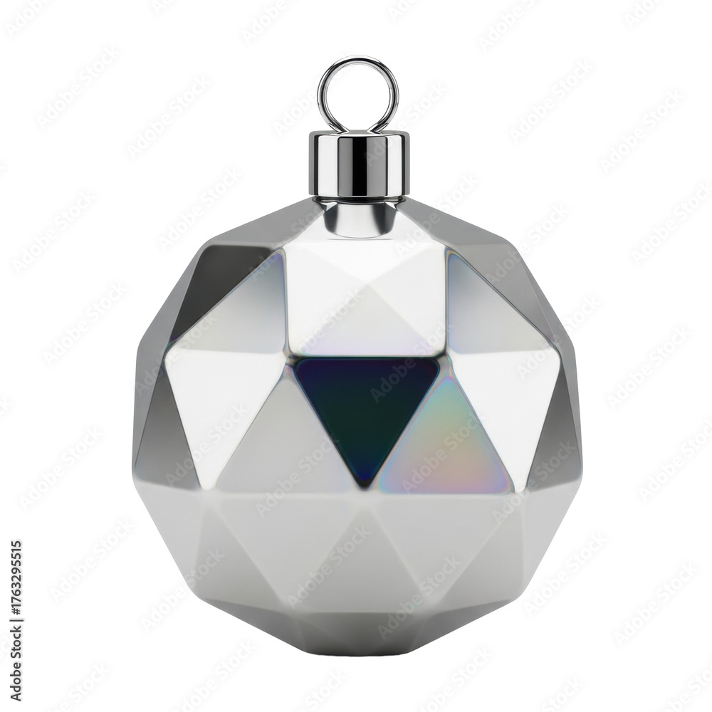 Obraz premium Iridescent silver octahedral bauble, highly polished with mirror reflections, isolated on transparent background, soft studio lighting, copy space. Concept of modern elegant design