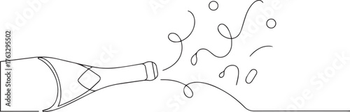 Champagne bottle opening one continuous line art, Vector illustration, One line art, Line art graphic style