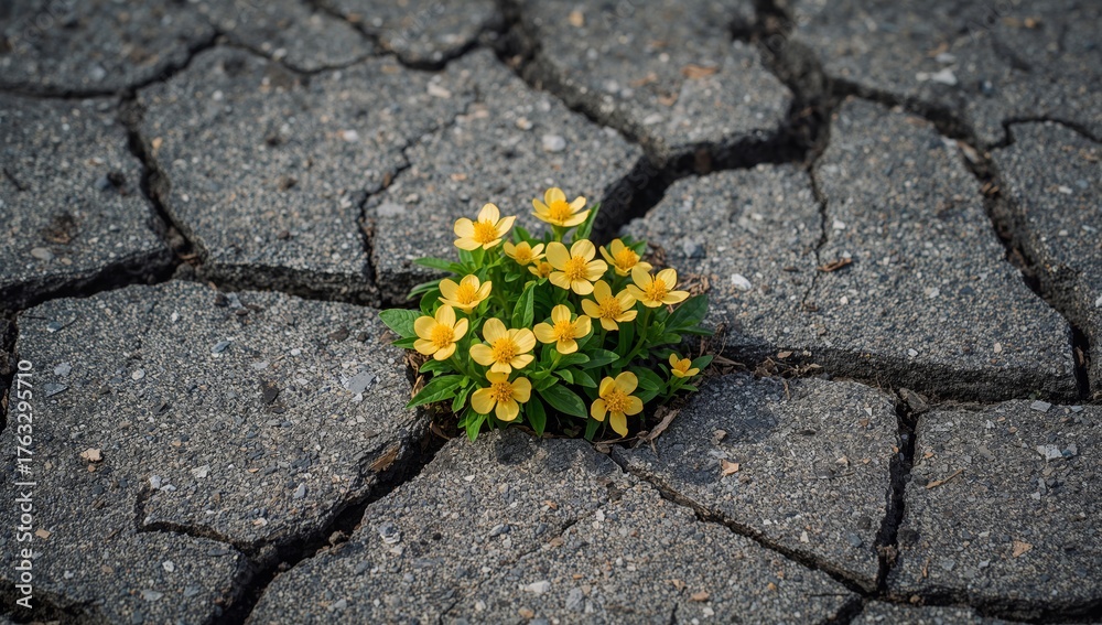 Obraz premium Yellow Blooms Amidst Cracked Earth, A Study in Contrast and Delicate Resilience.
