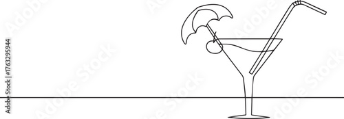 Cocktail glass with umbrella one continuous line art, Vector illustration, One line art, Line art graphic style