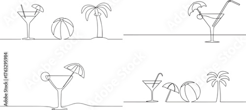 A set of Cocktail glass with umbrella one continuous line art, Vector illustration, One line art, Line art graphic style