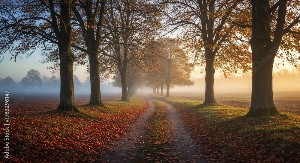 Naklejka premium Autumn road lined with trees and fog