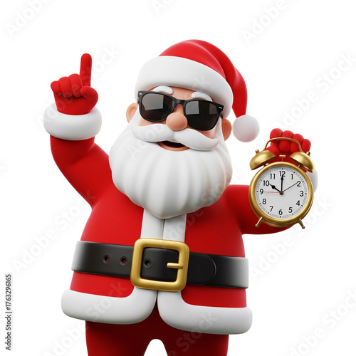Cool Santa Claus with Sunglasses Holding Alarm Clock and Pointing Up - Christmas Deadline 3D Render
