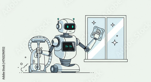 A friendly robot is cleaning a window and holding a vacuum cleaner concept of automation and artificial intelligence