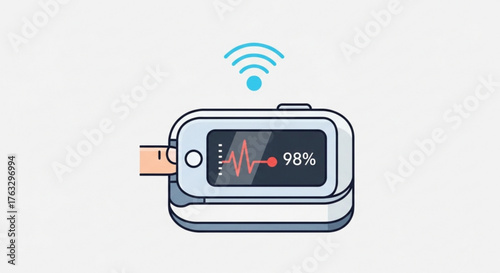 Pulse oximeter on finger showing oxygen saturation level at 98 and heart rate, health monitoring concept