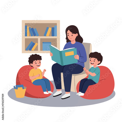 This 2D flat vector illustration shows a loving parent reading a vibrant storybook aloud to two happy young children relaxing on beanbag chairs in a dedicated classroom library corner.