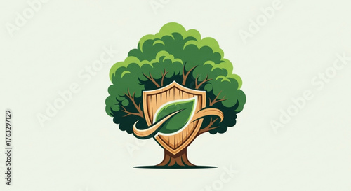 A captivating vector illustration of a tree with a shield, symbolizing protection and growth, showcasing a blend of green and brown tones