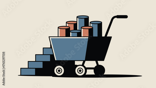 A shopping cart filled with cylindrical objects next to steps on a light beige background design art