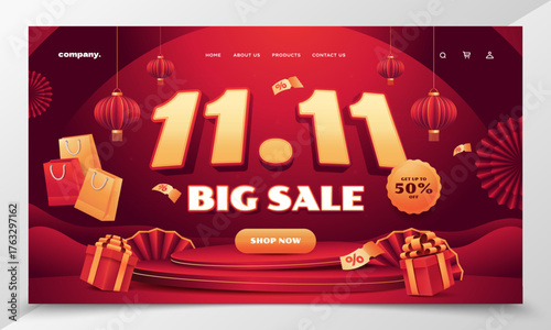 Landing page hero section showing 11.11 Guanggun Jie sale countdown and lantern icons in realistic style