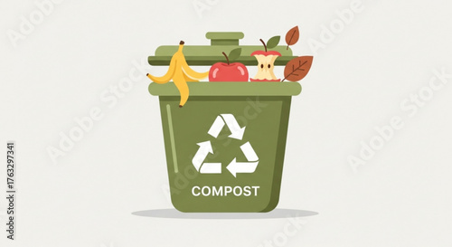 A green compost bin overflowing with food scraps like banana peels, apple cores, and other organic waste