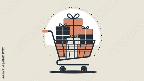 A shopping cart filled with several gift boxes of different sizes and colors with bows on top