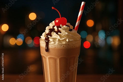 Decadent chocolate milkshake topped with whipped cream cherry and drizzled chocolate sauce served in glass with striped straw